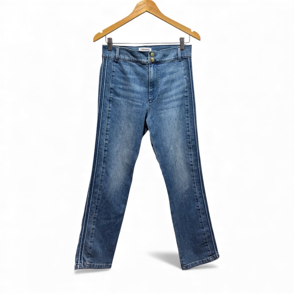 Frame Denim Women's Straight Leg High Rise Jeans Leon Piping‎ On Side Side